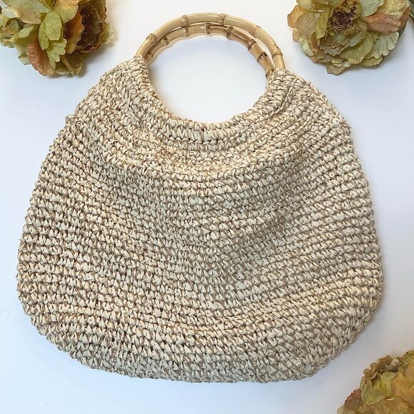 Large Woven Beige and Brown Corn Straw Bag with Round Bamboo Top Handles - Picture 1 of 5